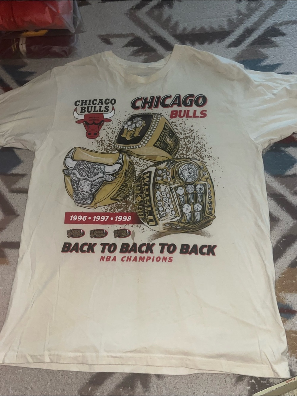 90,s Mitchell & Ness Chicago Bulls cream Back-to-Back 3 peat Championship Tee